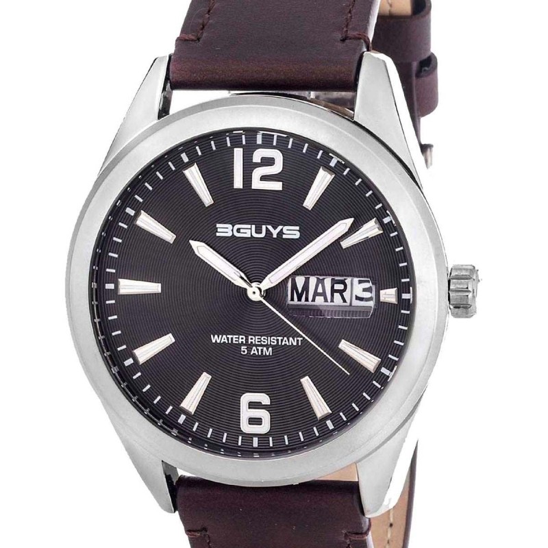 Ανδρικό Ρολόι 3Guys Καφέ Δέρμα Μαύρο Ημέρα-Ημερομηνία 5ATM