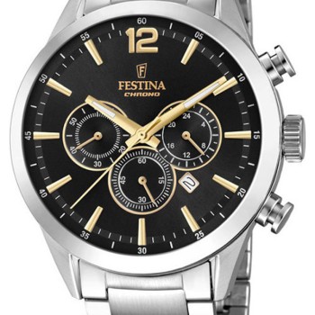 Ανδρικό Ρολόι Festina Timeless Chrono Ασημί Μαύρο Χρυσές Λεπτομέρειες