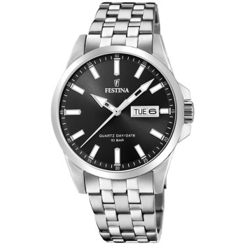 Ανδρικό Ρολόι Festina Classic Day/Date Ασημί Μαύρο 10 Bar
