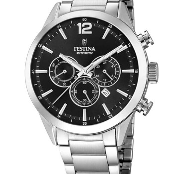 Ανδρικό Ρολόι Festina Timeless Chrono Ασημί Μαύρο Μπρασελέ