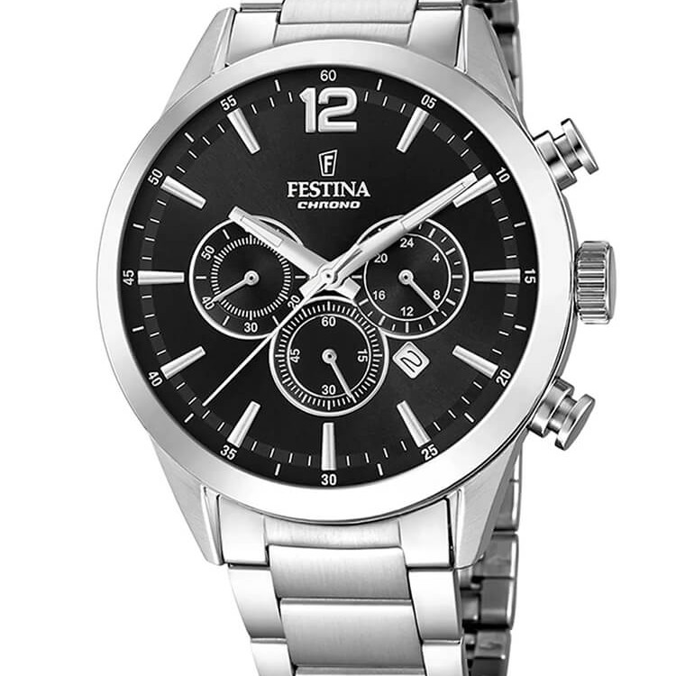 Ανδρικό Ρολόι Festina Timeless Chrono Ασημί Μαύρο Μπρασελέ